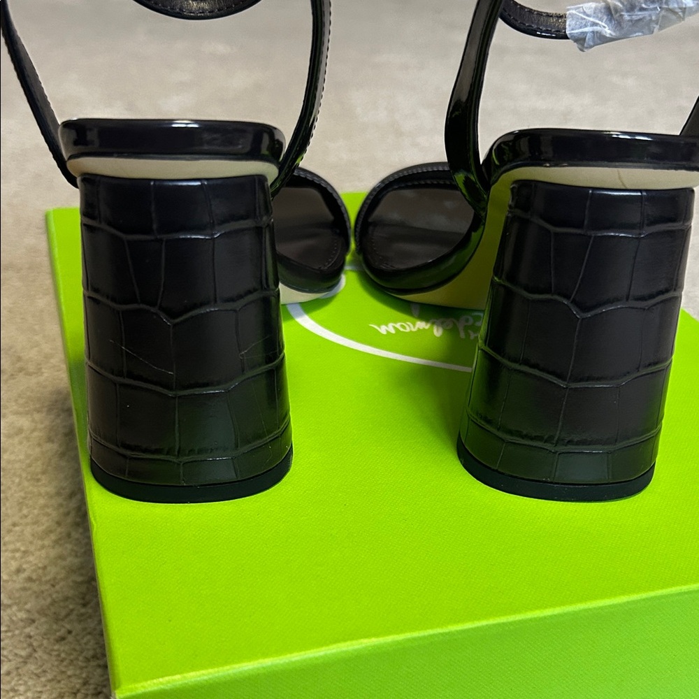 NWT-Sam Edelman Sandals Black Heels Chunky Block Patent Kia Women 6.5 Square Toe - Picture 5 of 7